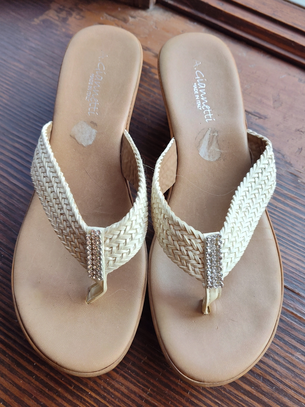 A. Giannetti Cream Braided Thong Sandals with Rhinestone Detail